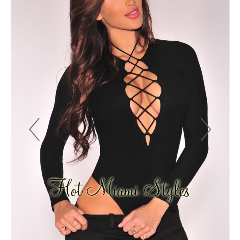 HMS Black Ribbed Lace Up Long Sleeves Bodysuit